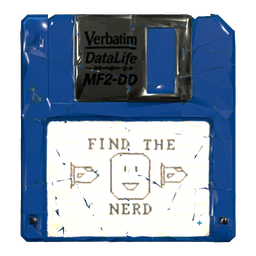 A blue floppy disk labelled Find the Nerd