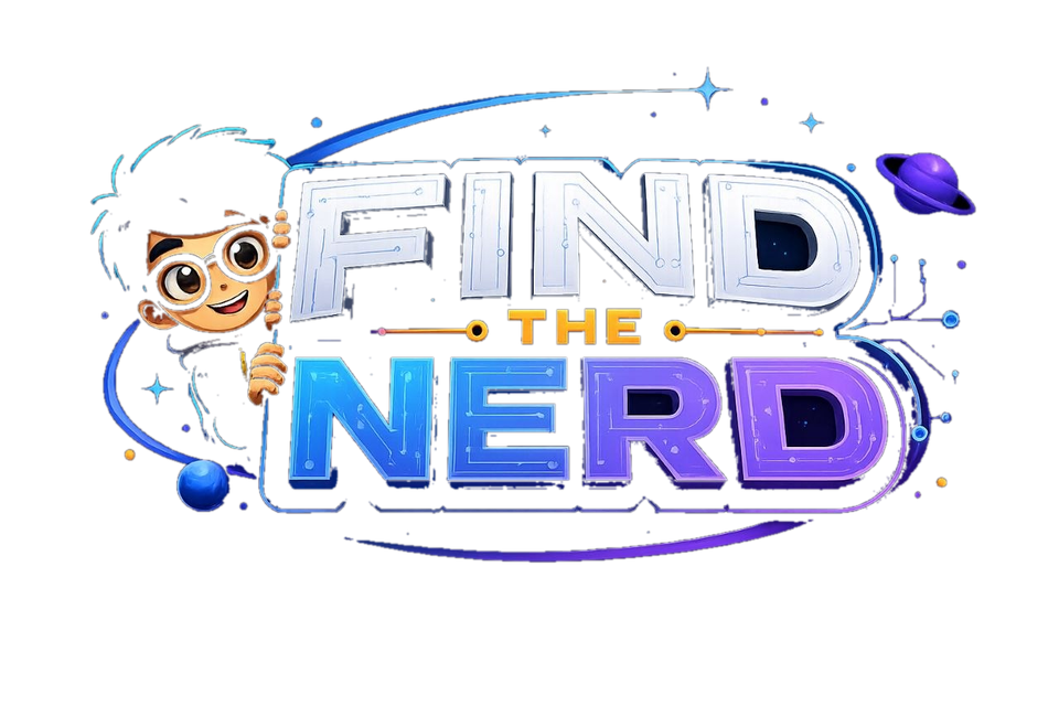 Find the Nerd title artwork with a cartoon boy wearing glasses beside glowing sci-fi text