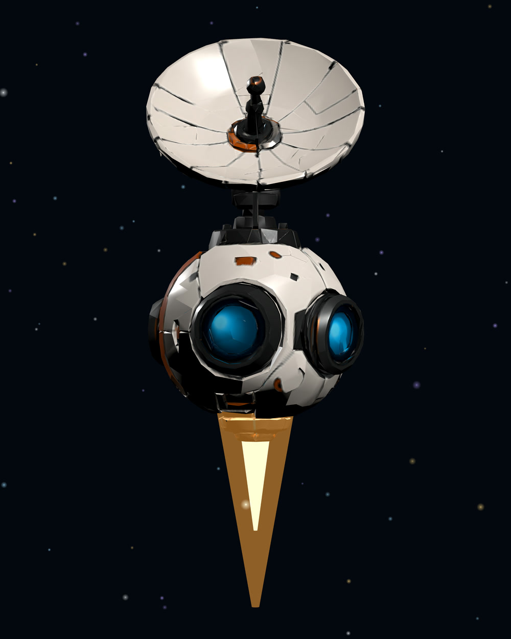 B0-T, the Signal Droid: A round white droid with a dish antenna on top, flying on an orange jet