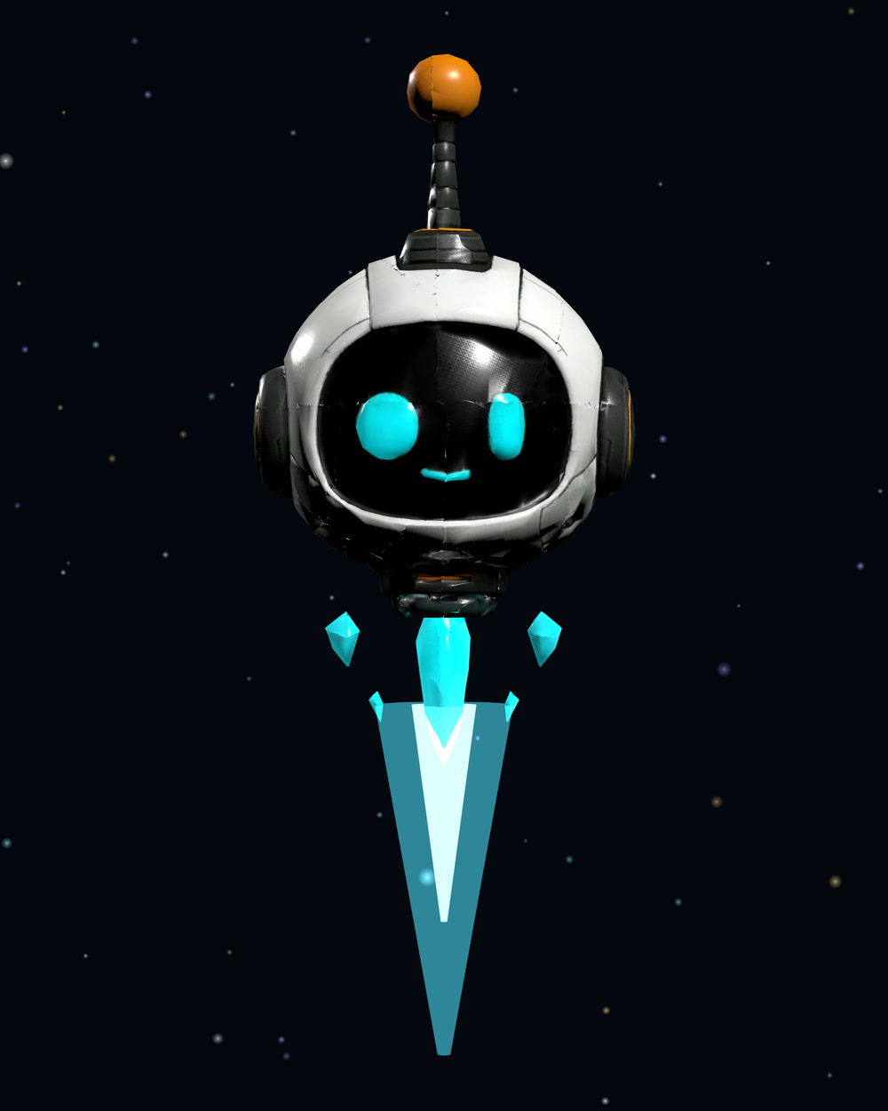 B1-T, the Time Droid: A white helmet with a black face and glowing cyan eyes, flying on a cyan jet