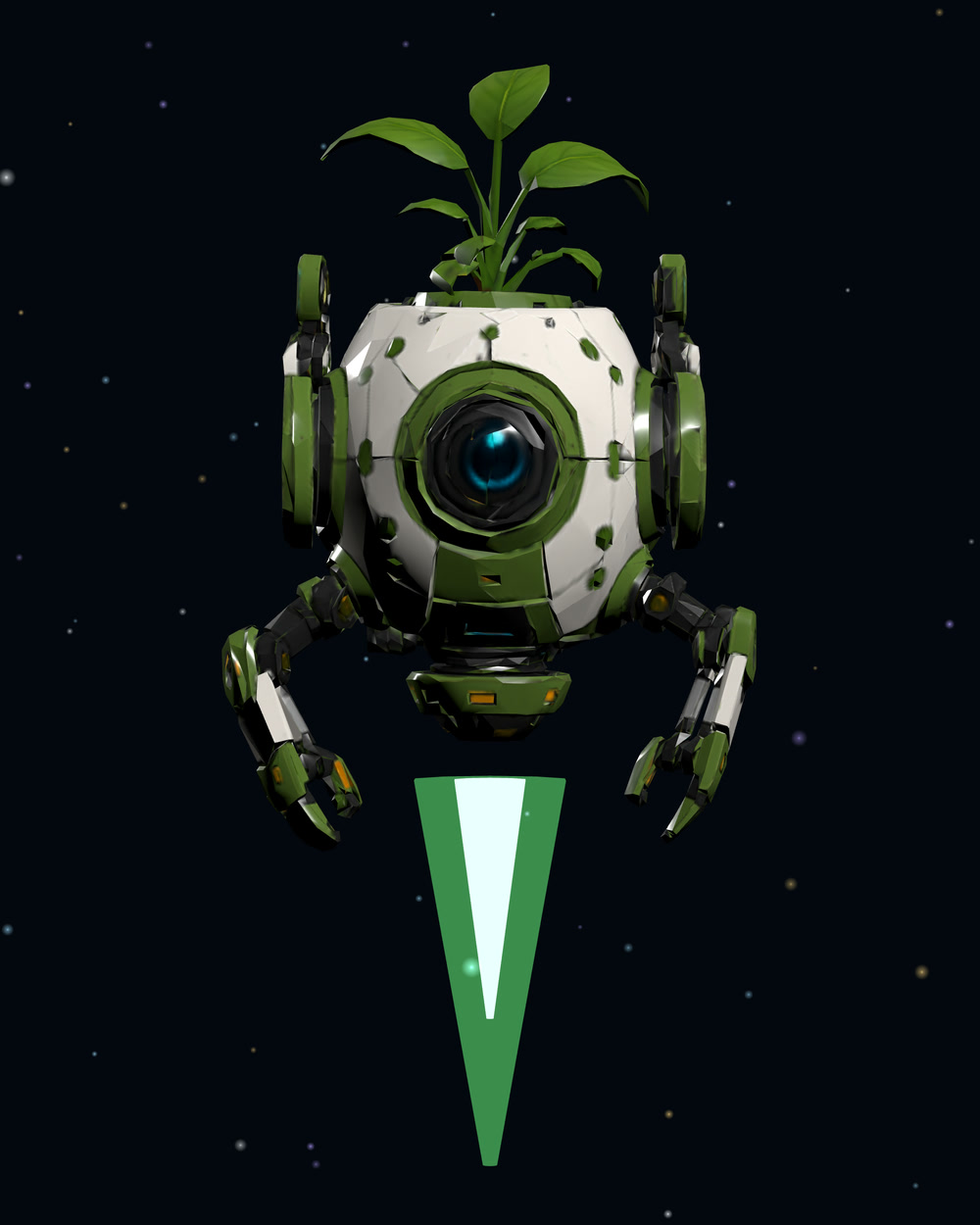 B2-T, the Survey Droid: A white and green droid with a sprouting plant on top and two claw arms, flying on a green jet