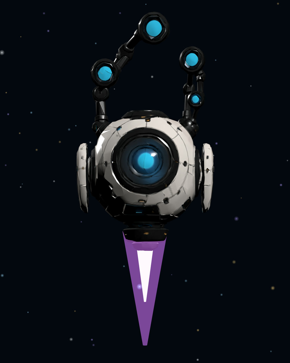 B3-T, the Prism Droid: A white droid with one large blue lens and lens-tipped arms, flying on a purple jet