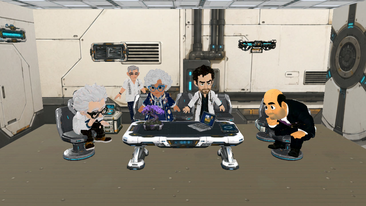 The five retired G.E.E.K. mentors in their room on the ship, around the old table, with Fulano standing at the back left