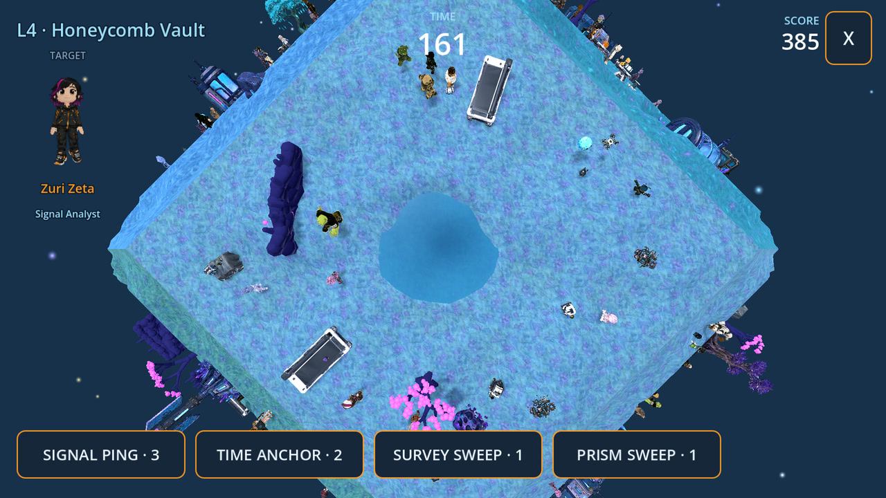 A mission on Honeycomb Vault: The target, Zuri Zeta, Signal Analyst, in the panel on the left, time and score at the top, and all four abilities on the bar at the bottom