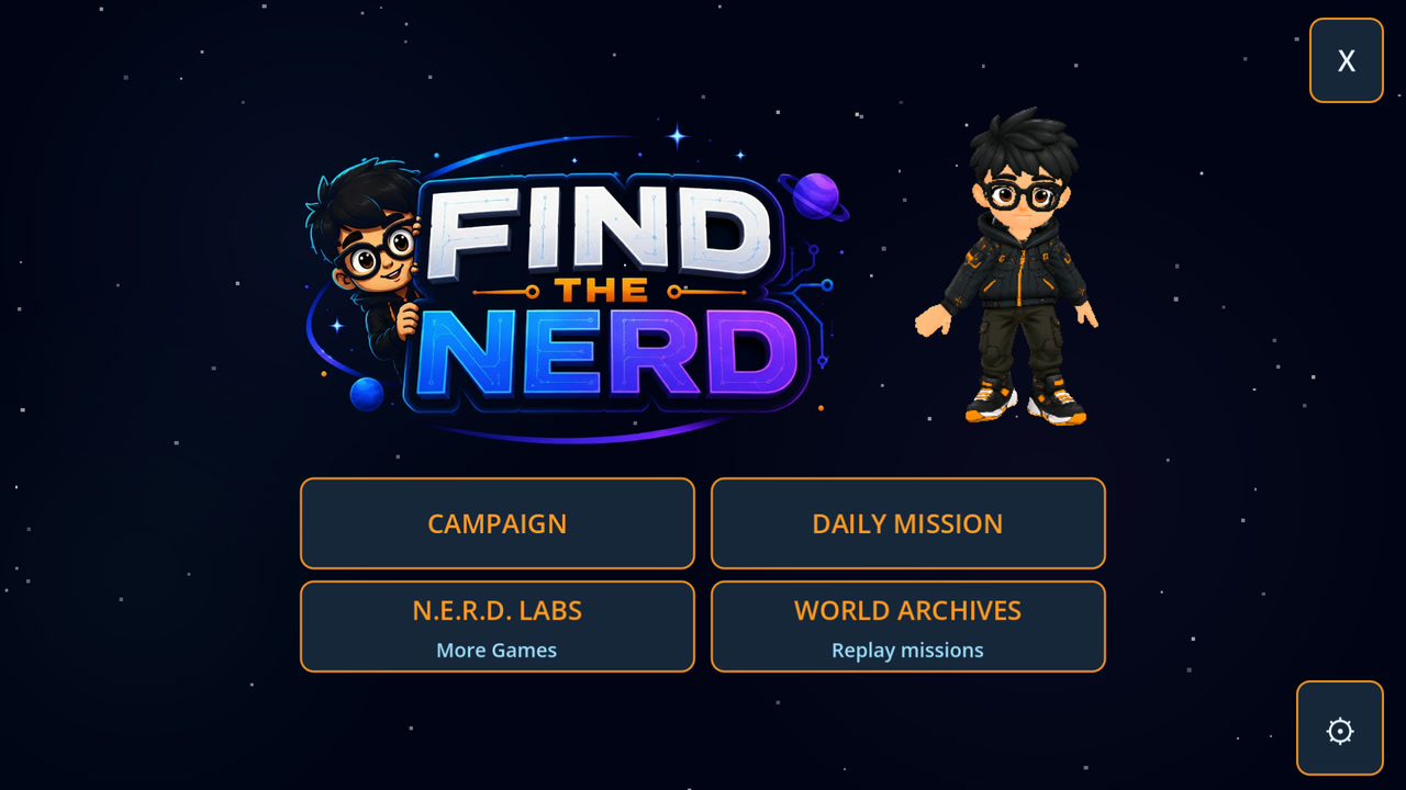 The Find the Nerd title screen: The game's lettering, the Nerd, and four buttons: Campaign, Daily Mission, N.E.R.D. Labs and World Archives