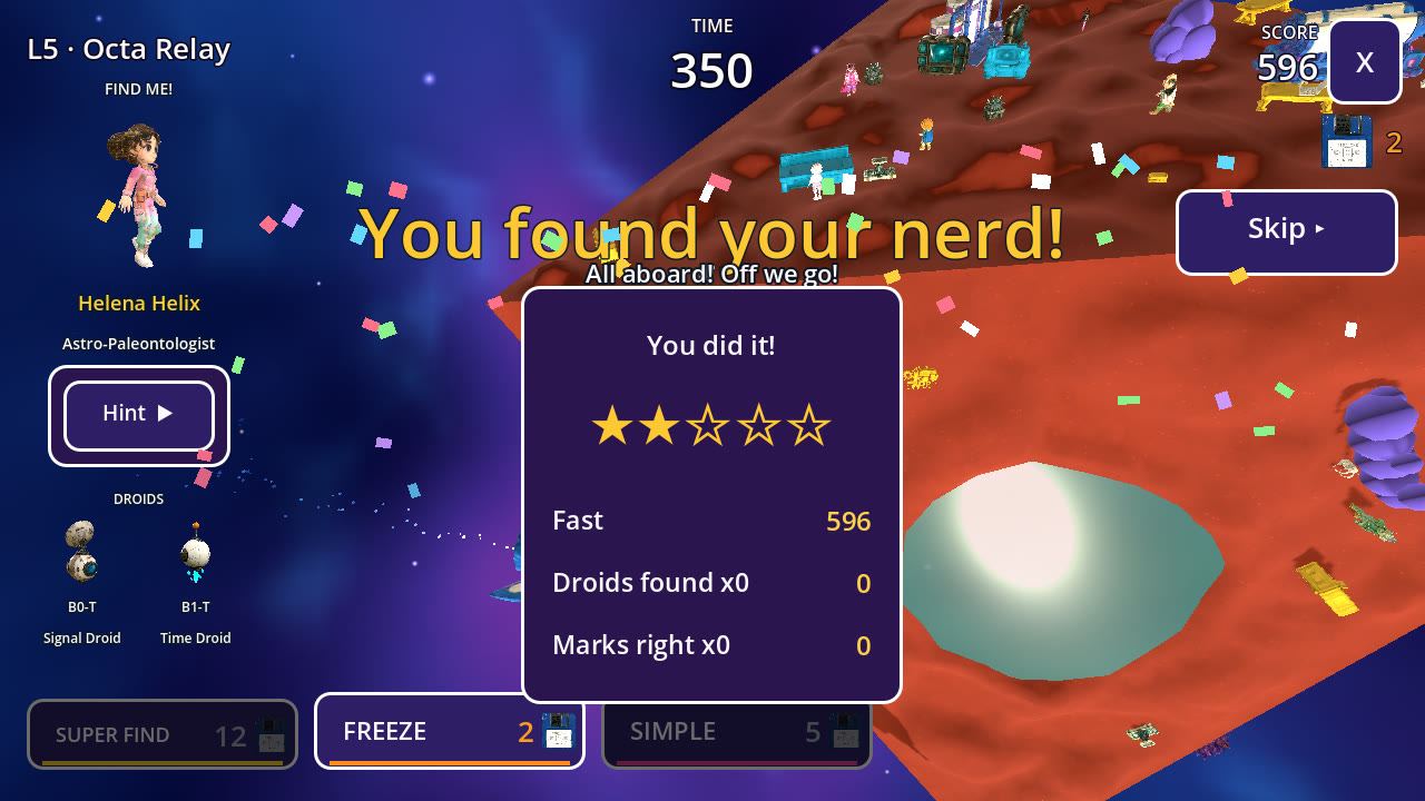 The words You found your nerd! run across the screen in big letters with confetti falling. Under them a card reads You did it! with five big stars, two of them filled in.