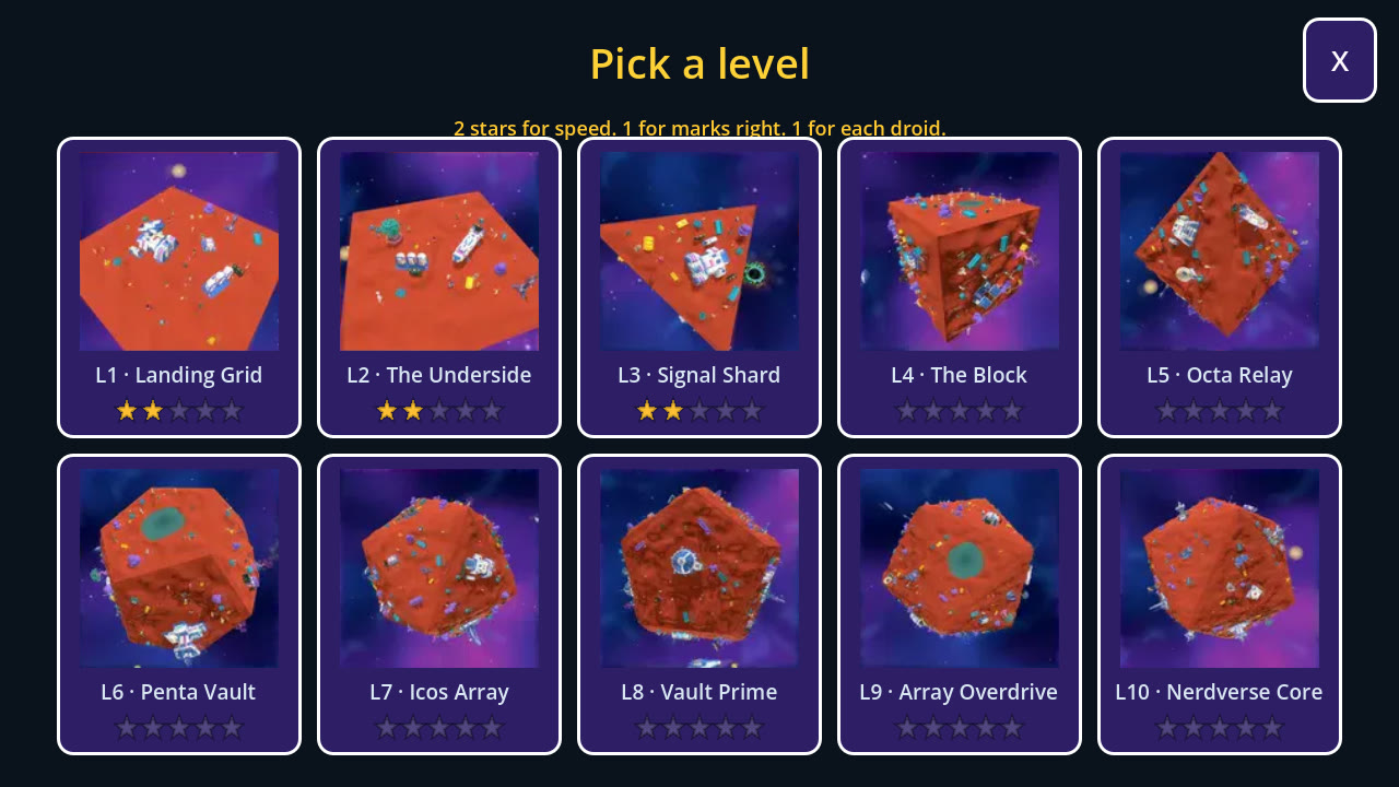 The Pick a level screen. Ten worlds sit in two rows of five, each with a picture, its level number and name, and a row of five stars.