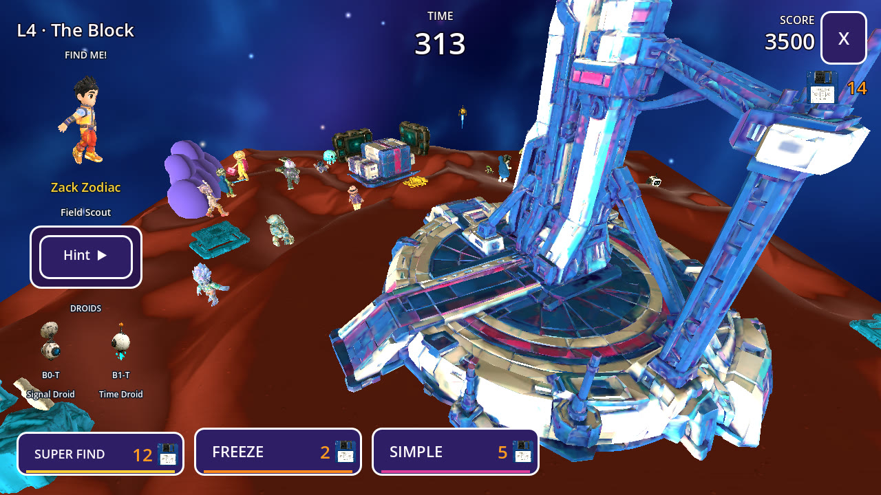 A close view of a level. A tall tower stands on the ground with a few people walking around it.