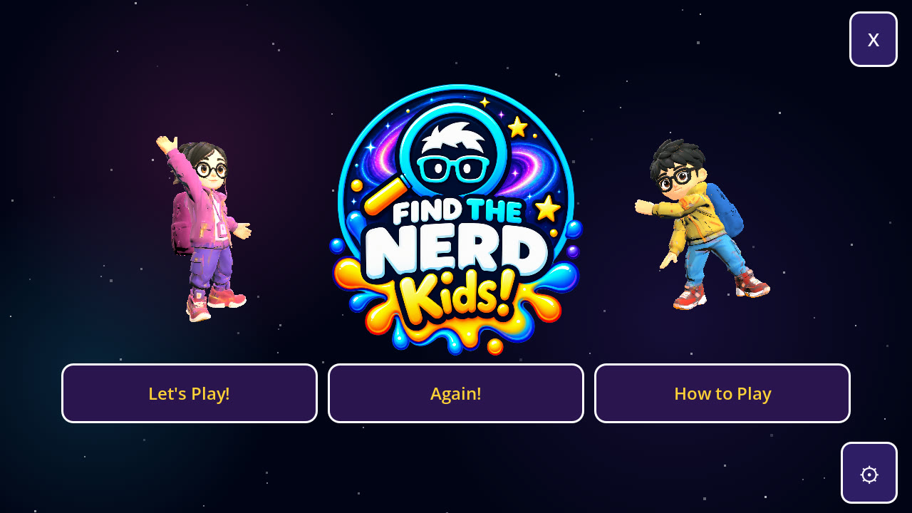 The Nerd Kids! title screen. A round logo in the middle carries the words Find the Nerd Kids! A girl nerd dances on its left and a boy nerd jumps on its right, both in glasses. Under them are three cards: Let's Play!, Again! and How to Play.