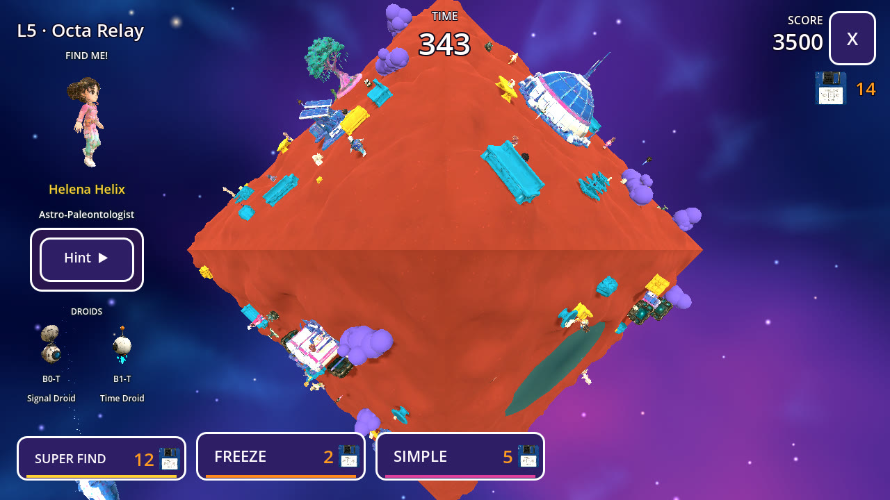 A level in play, seen from far out. A small world floats in space, dotted with buildings and tiny people. On the left the words FIND ME! sit over a picture of the nerd to find. Along the bottom are three buttons, Super Find, Freeze and Simple, each with a floppy disk.