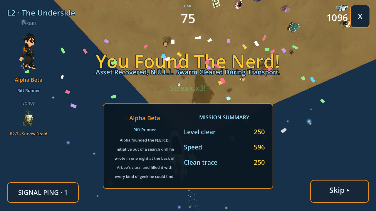The catch. Gold burst, confetti and the score breakdown: Speed, Clean Trace and Perfect bonuses.