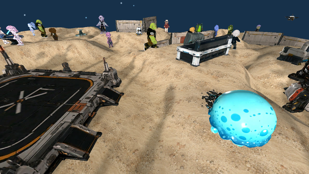 Street level. Close on a Frontier outpost, where the crowd walks between the buildings.