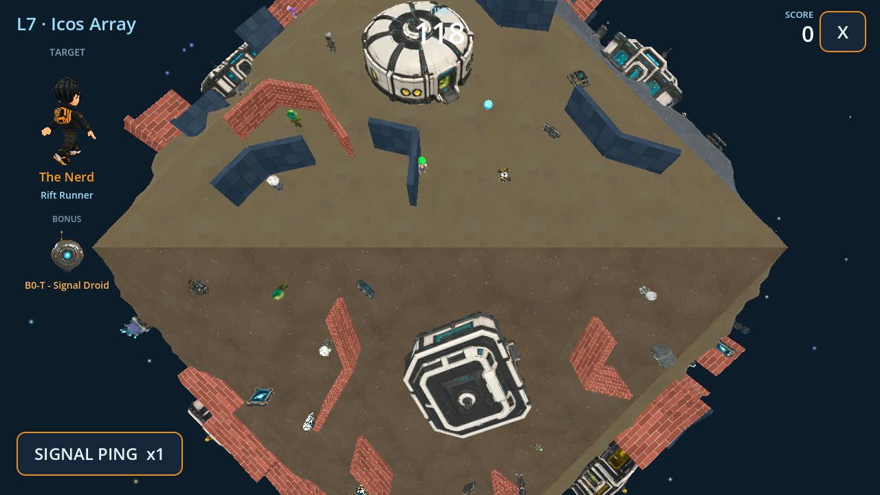 The same world up close: the crowd walking among buildings, with the target panel and tools on screen