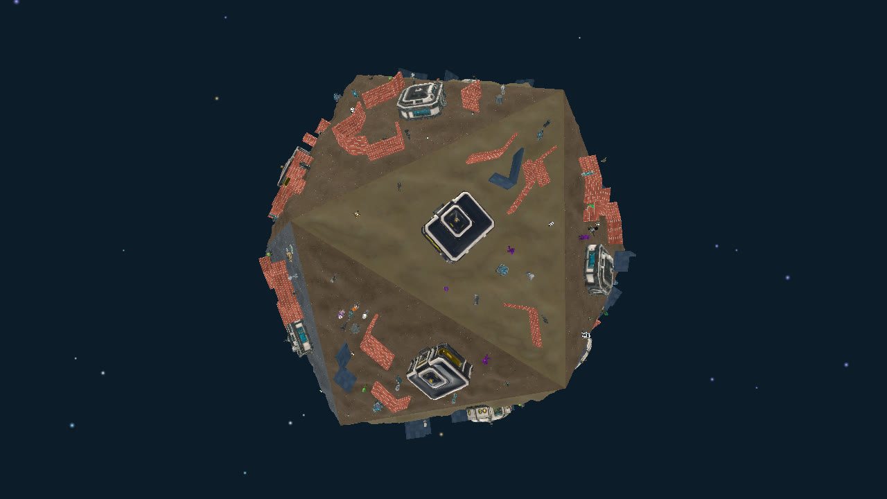 Icos Array: a whole twenty-sided world seen from space, buildings and crowds dotting every face