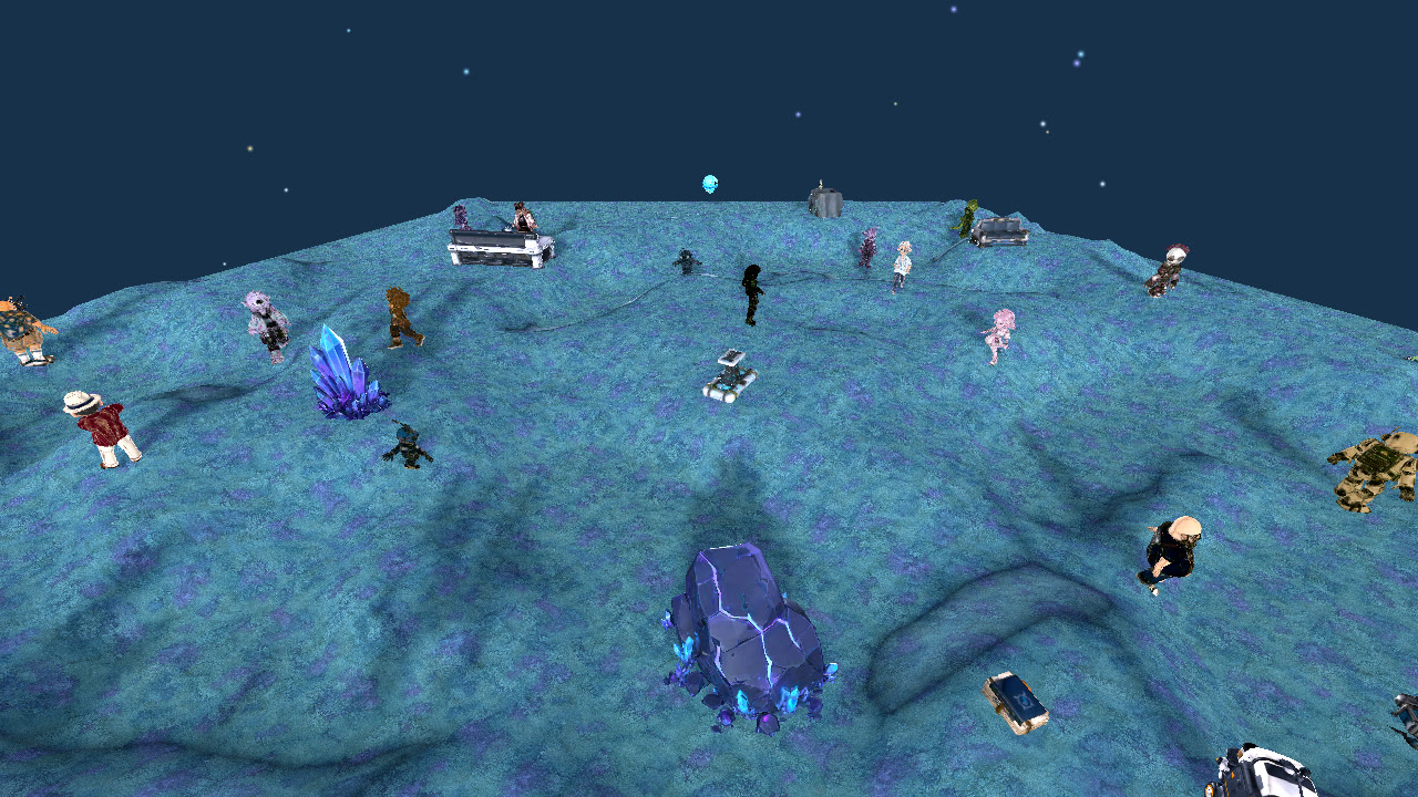Deep Field. Alien flora in deep blue and teal, glowing where the crowd walks.