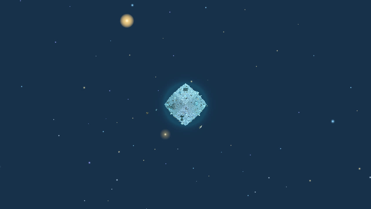 The Mirror from afar. An orbital lab circles each Mirror world, with a comm array on a higher orbit.