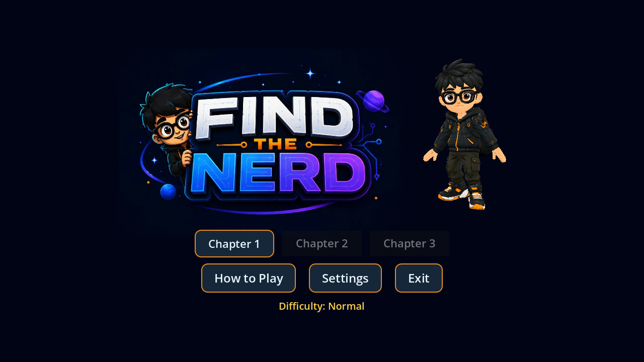 The Find the Nerd title screen: the logo, the animated hero beside it, and the chapter and menu buttons